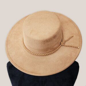 TIME AND TRU Boater Hat with Rope Trim in Tan Brown | Wide Brimmed Hat